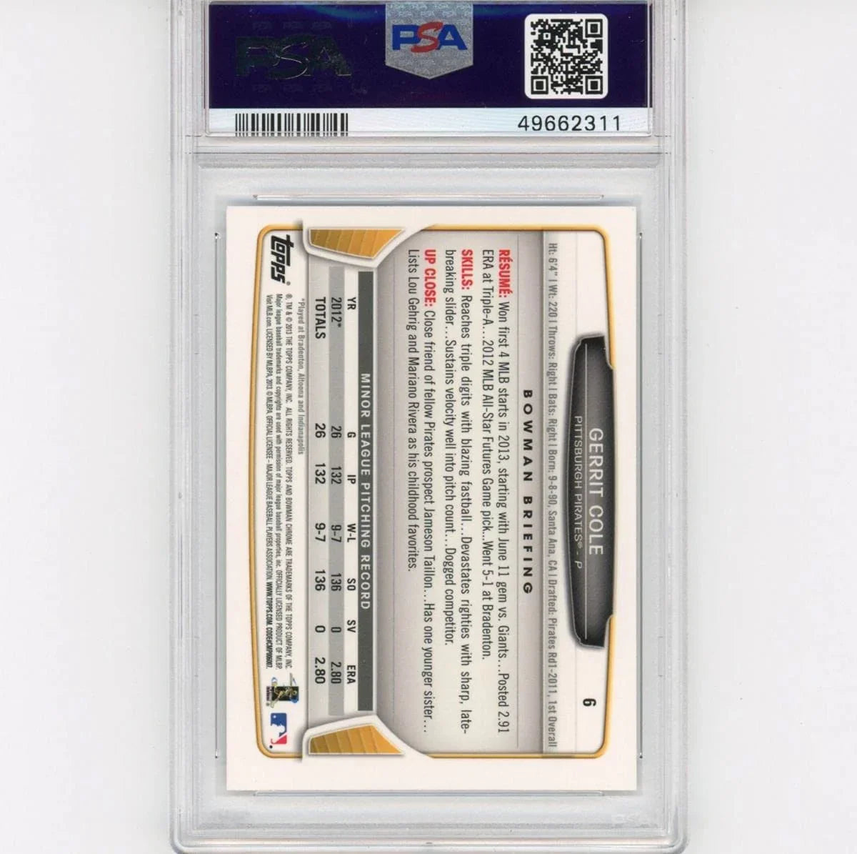Graded 2013 Bowman Draft Picks & Prospects Chrome Gerrit Cole #6 Rookie RC Baseball Card PSA 10 Gem Mint