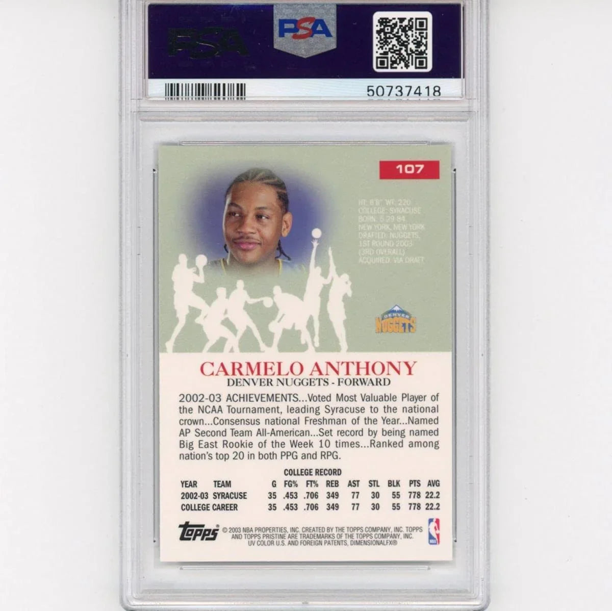 Graded 2003-04 Topps Pristine Carmelo Anthony #107 Rookie RC Basketball Card PSA 10 Gem Mint