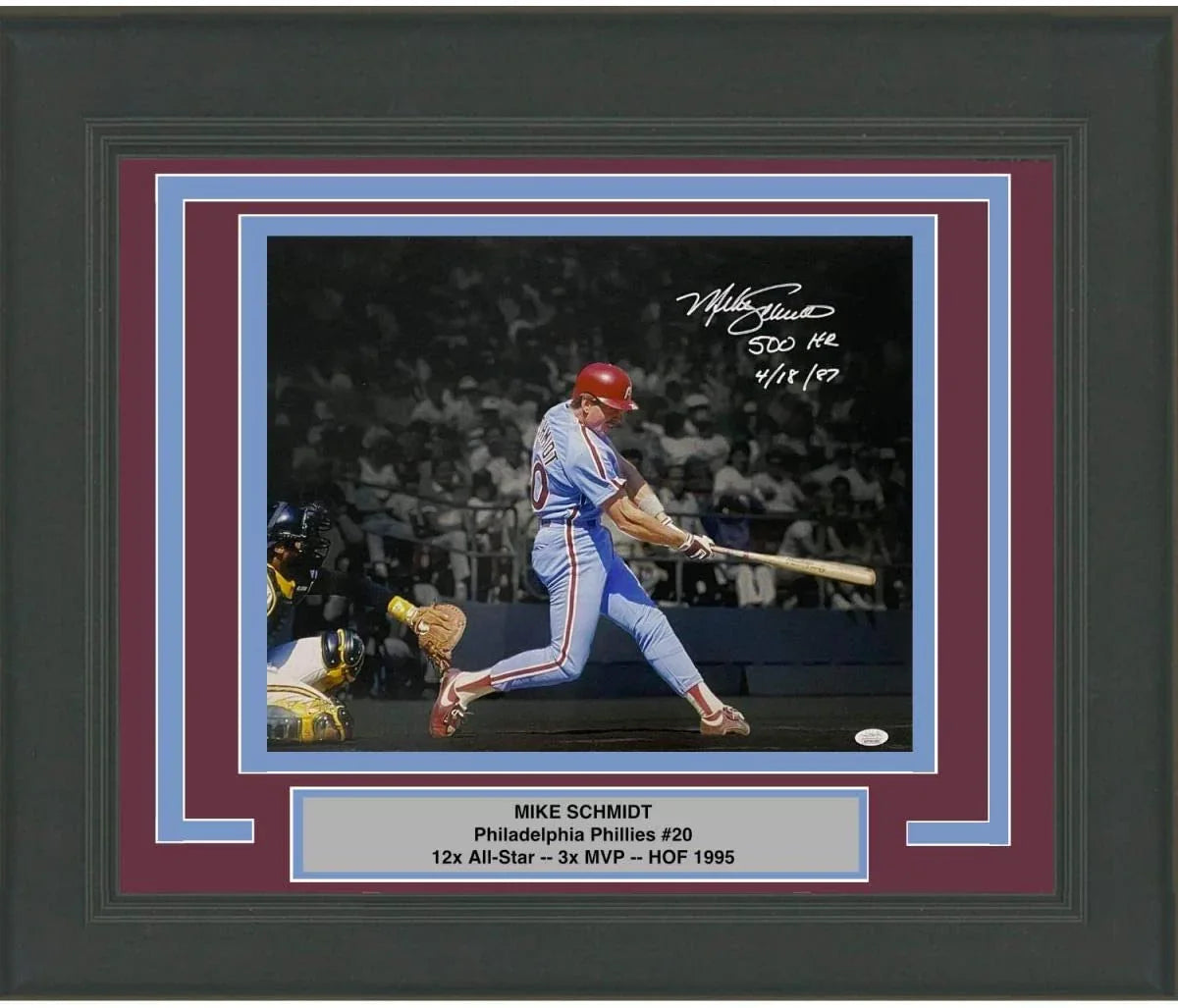 Framed Autographed/Signed Mike Schmidt 500th HR Inscribed Philadelphia Phillies 16x20 Baseball Photo JSA COA