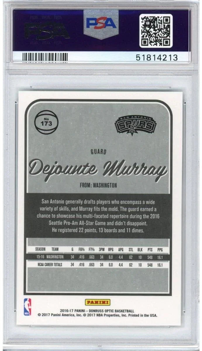 Graded 2016-17 Panini Donruss Optic Dejounte Murray #173 Rookie RC Basketball Card PSA 10 Gem Mint
