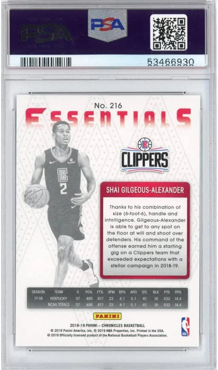 Graded 2018-19 Panini Chronicles Shai Gilgeous-Alexander #216 Rookie RC Basketball Card PSA 10 Gem Mint