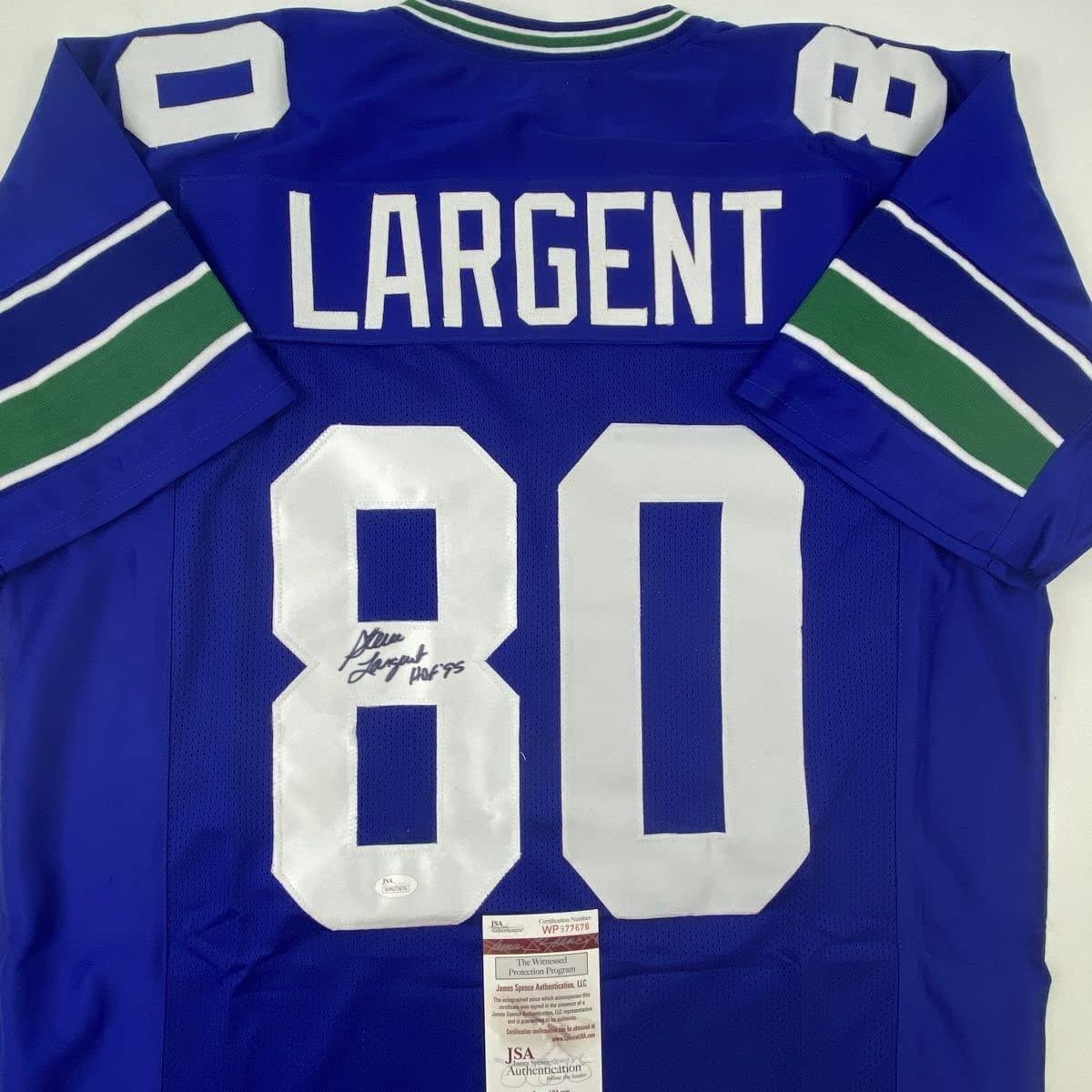 Autographed/Signed Steve Largent HOF 95 Seattle Blue Football Jersey JSA COA