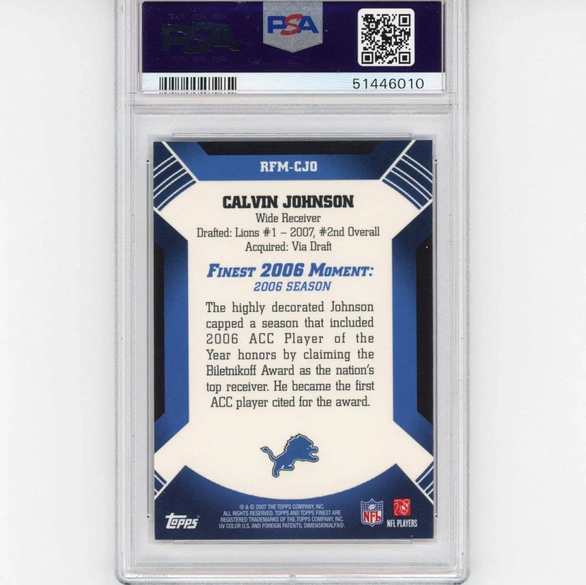 Graded 2007 Topps Finest Calvin Johnson #CJO Moments Rookie RC Football Card PSA 10 Gem Mint