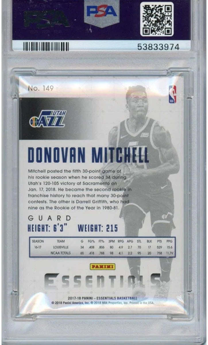 Graded 2017-18 Panini Essentials Donovan Mitchell #149 Rookie RC Basketball Card PSA 10 Gem Mint