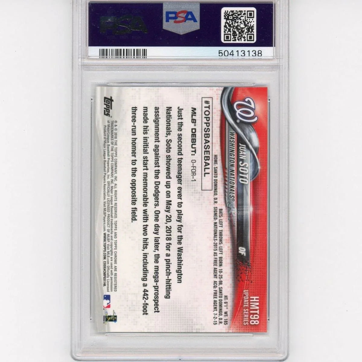 Graded 2018 Topps Chrome Update Juan Soto #HMT98 Rookie RC Baseball Card PSA 10 Gem Mint