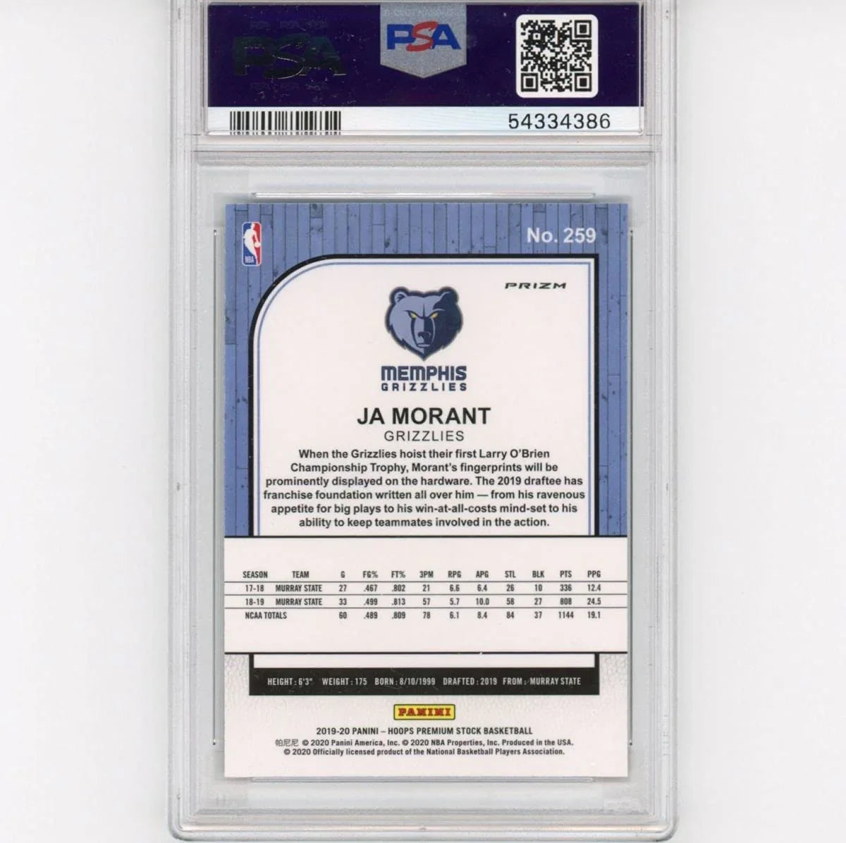 Graded 2019-20 NBA Hoops Premium Stock Ja Morant #259 Green Prizm Rookie RC Basketball Card PSA 10 Gem Mint