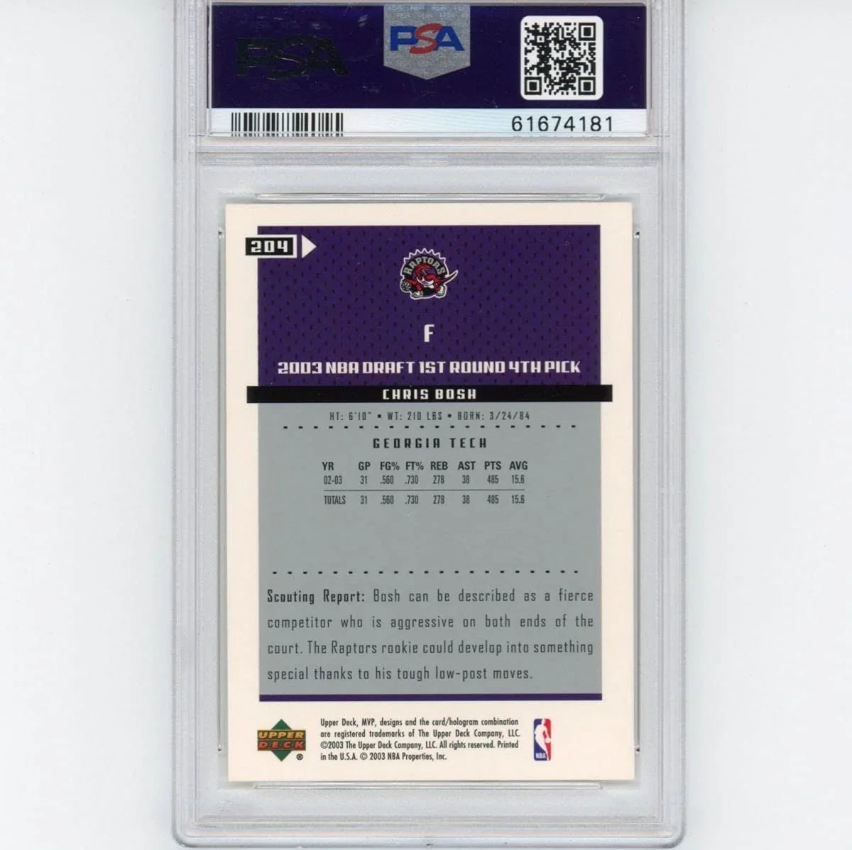 Graded 2003-04 Upper Deck UD MVP Chris Bosh #204 Rookie RC Basketball Card PSA 10 Gem Mint