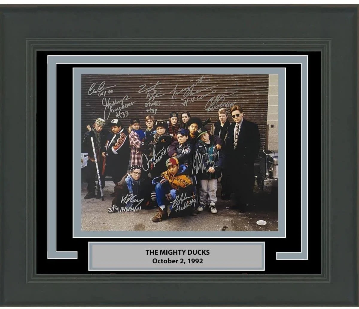 Framed Autographed/Signed The Mighty Ducks Movie 10x Cast Member Inscribed Sigs 16x20 Baseball Photo JSA COA