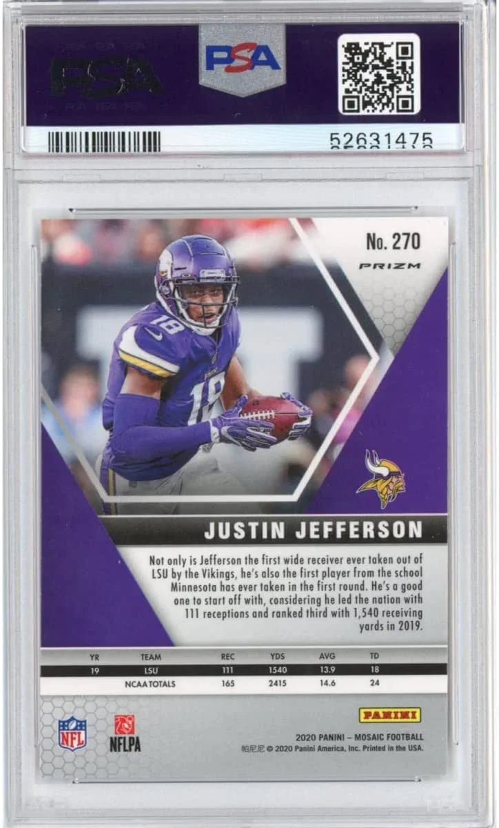 Graded 2020 Panini Mosaic Justin Jefferson #270 Camo Pink Rookie RC Football Card PSA 10 Gem Mint