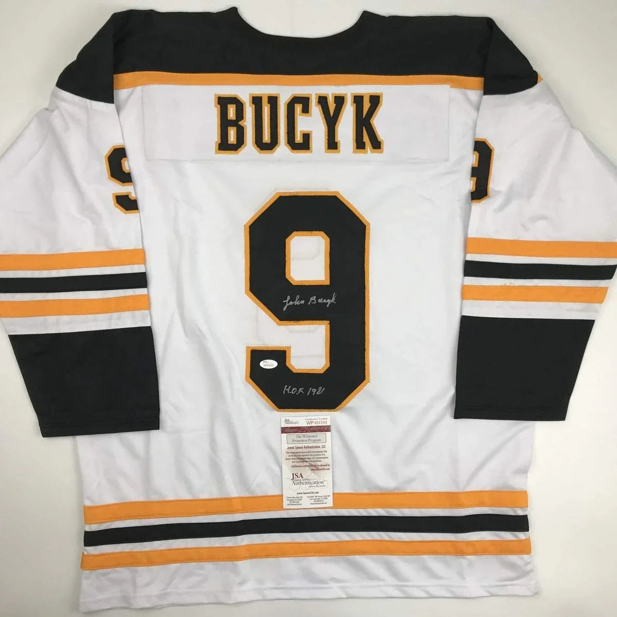 Autographed/Signed Johnny John Bucyk HOF 1981 Boston White Hockey Jersey JSA COA