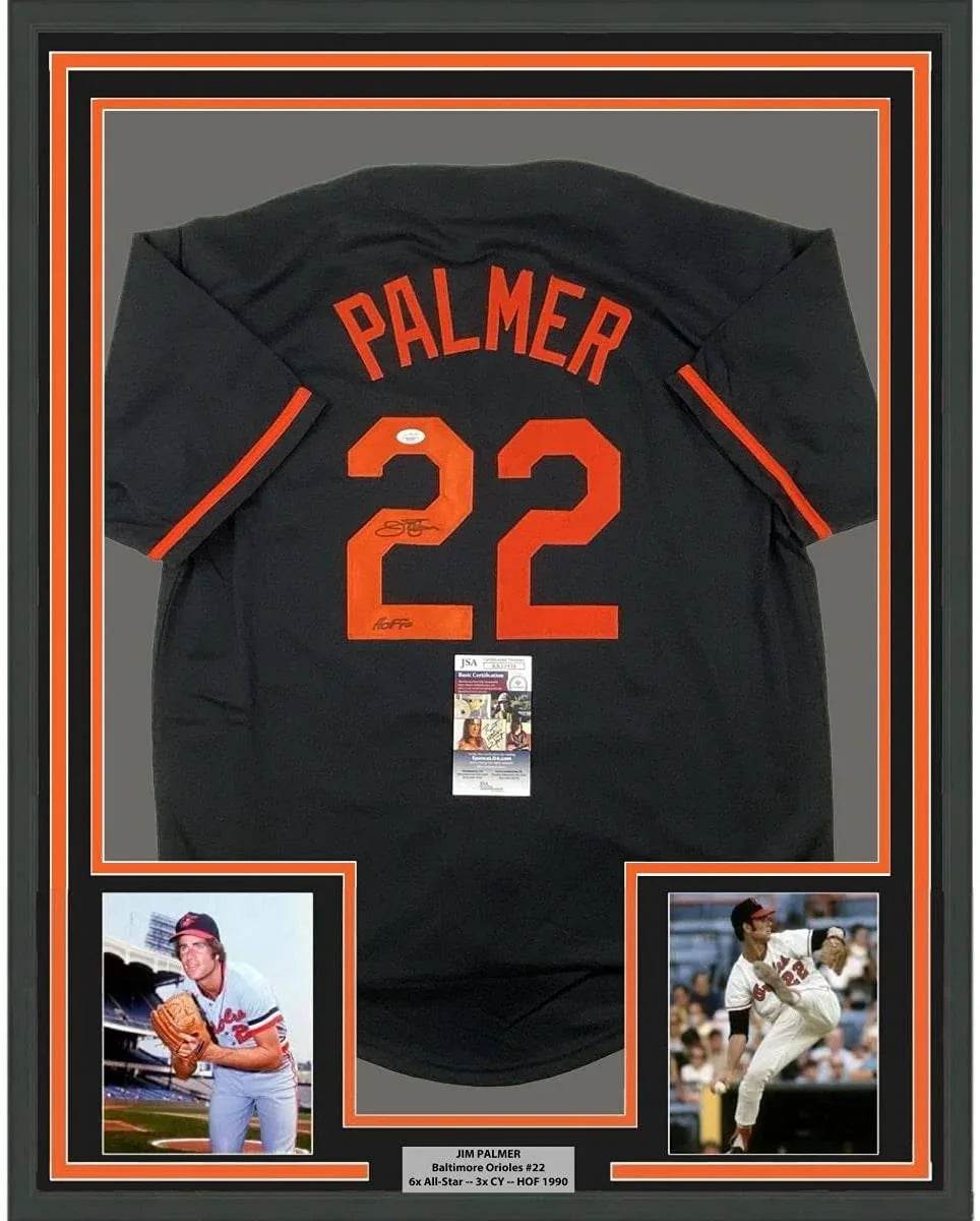 Framed Autographed/Signed Jim Palmer HOF 1990 35x39 Baltimore Black Baseball Jersey JSA COA