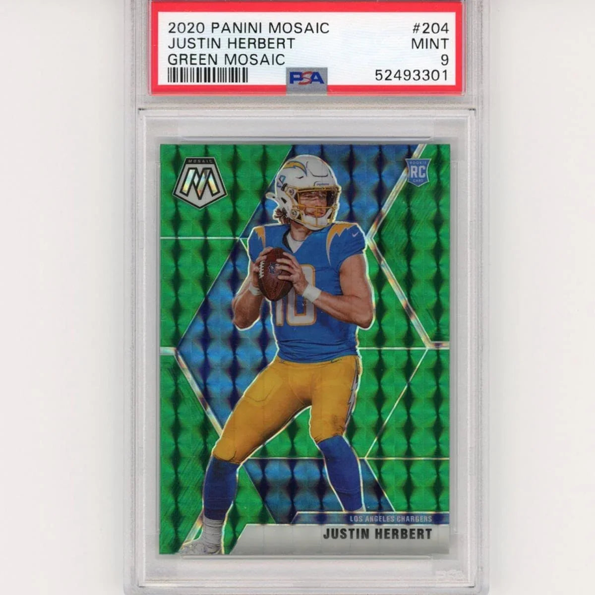 Graded 2020 Panini Mosaic Justin Herbert #204 Green Rookie RC Football Card PSA 9 Mint