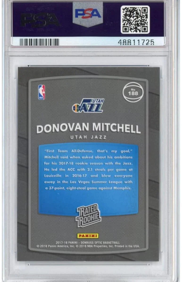 Graded 2017-18 Panini Donruss Optic Donovan Mitchell #188 Rookie RC Basketball Card PSA 10 Gem Mint