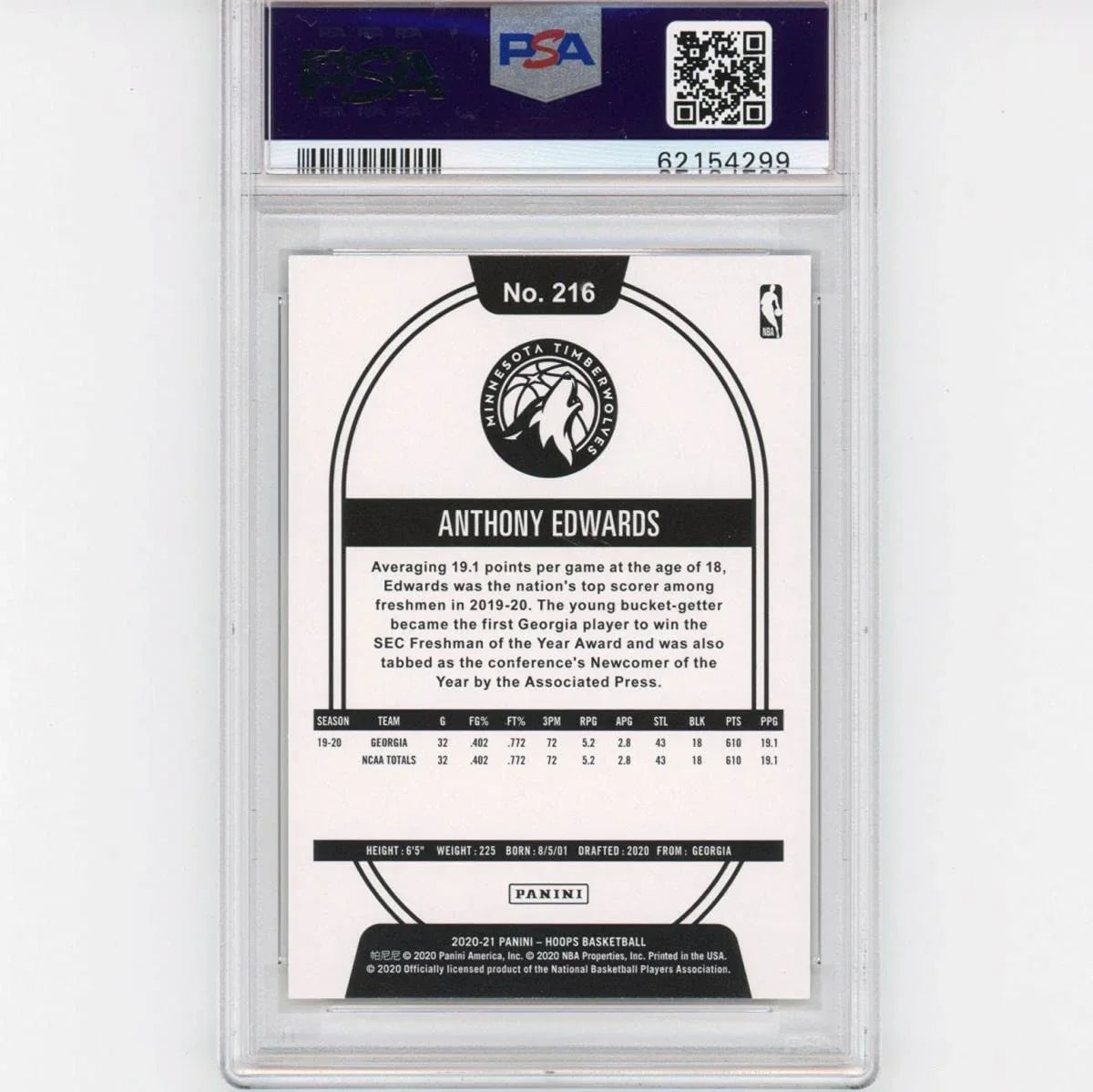 Graded 2020-21 Panini Hoops Anthony Edwards #216 Rookie RC Basketball Card PSA 10 Gem Mint