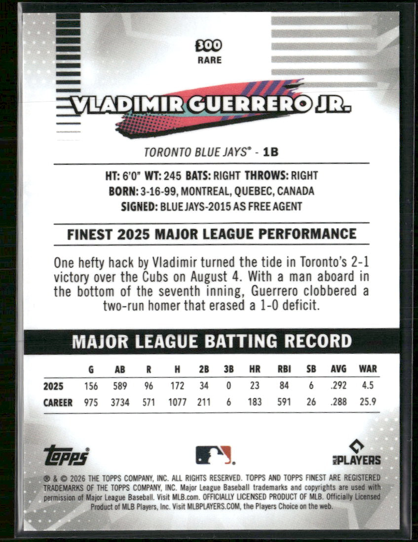 2026 Topps Finest Baseball Orange Mini Diamond Vladimir Guerrero Jr. #300