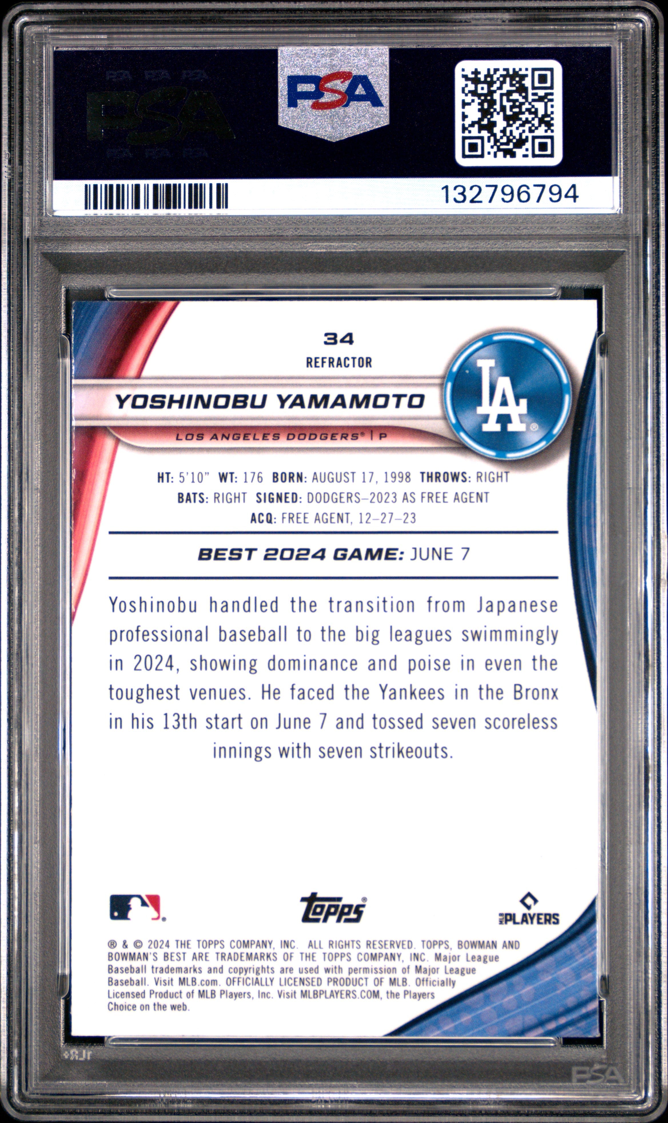 2024 Bowman'S Best Refractor Yoshinobu Yamamoto 10 PSA #34