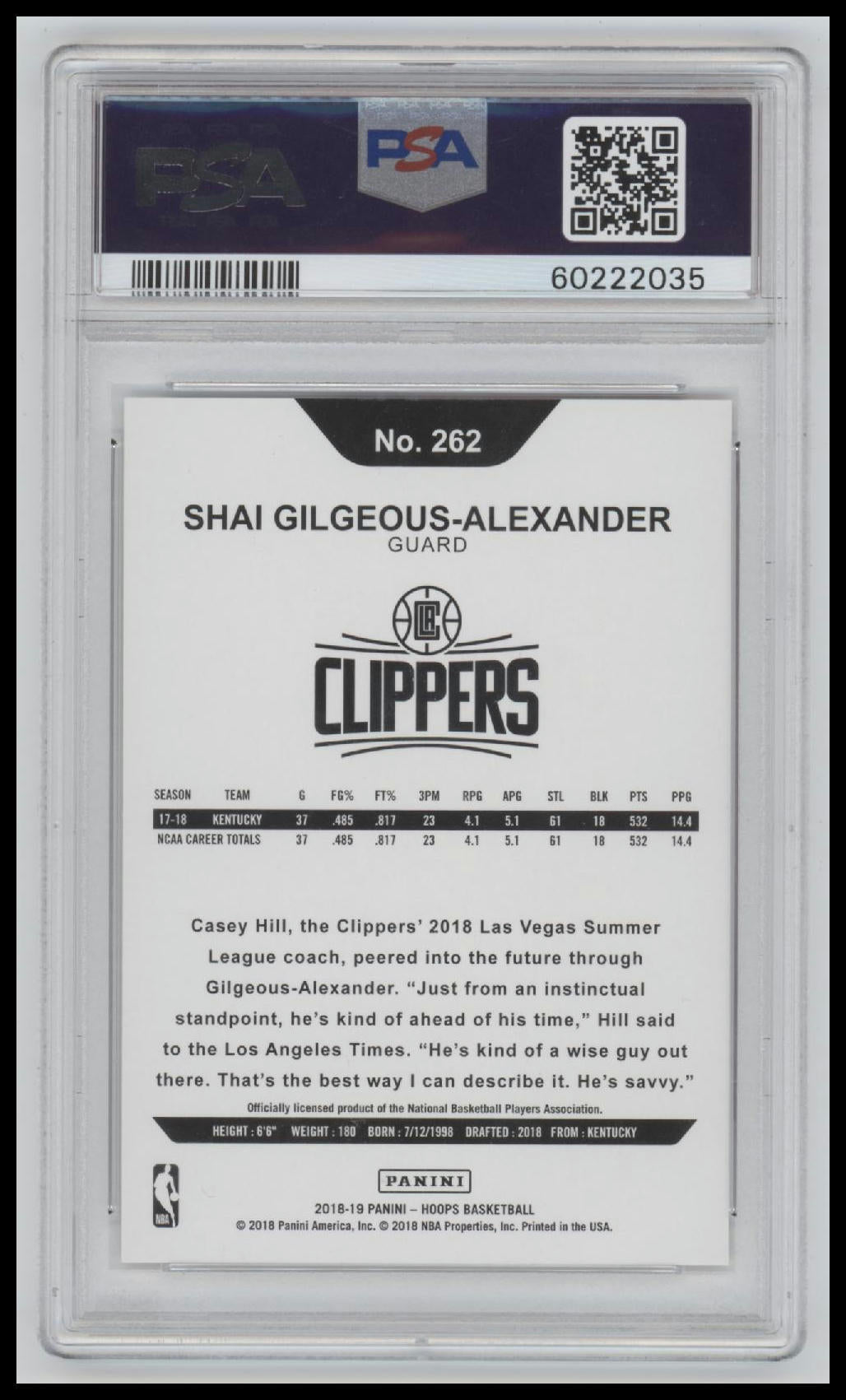 2018 Panini Hoops S.Gilgeous-Alexander 10 PSA #262