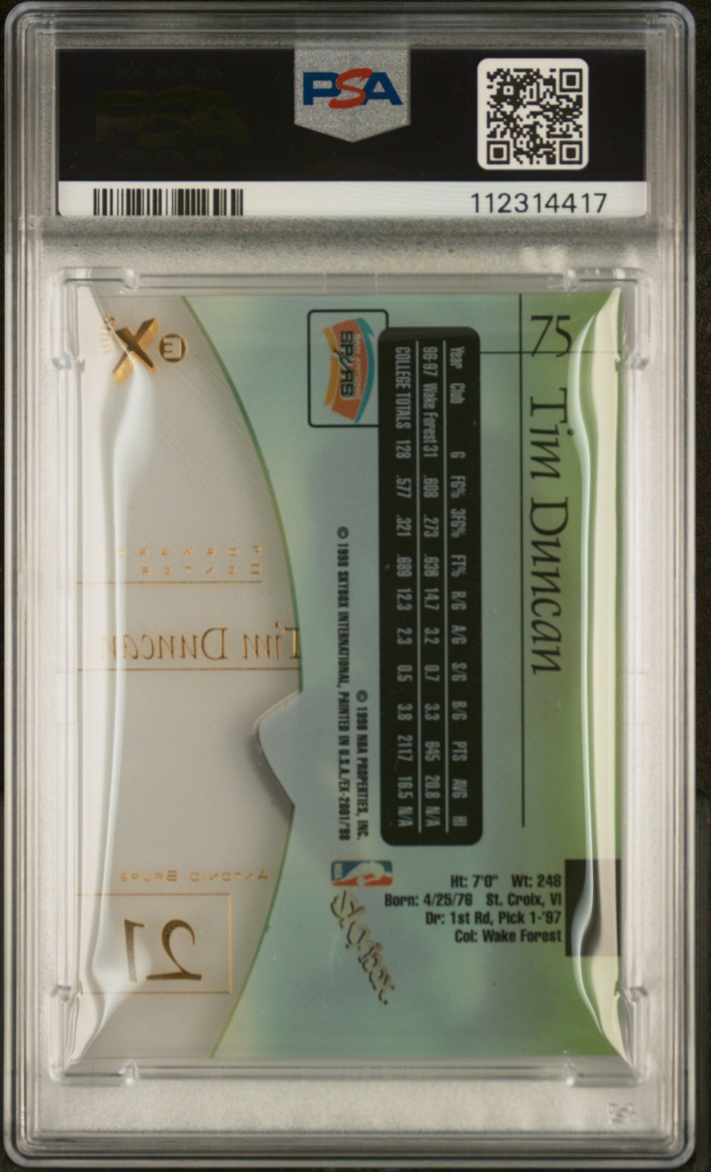 1997 Skybox E-X2001 Tim Duncan 9 PSA #75
