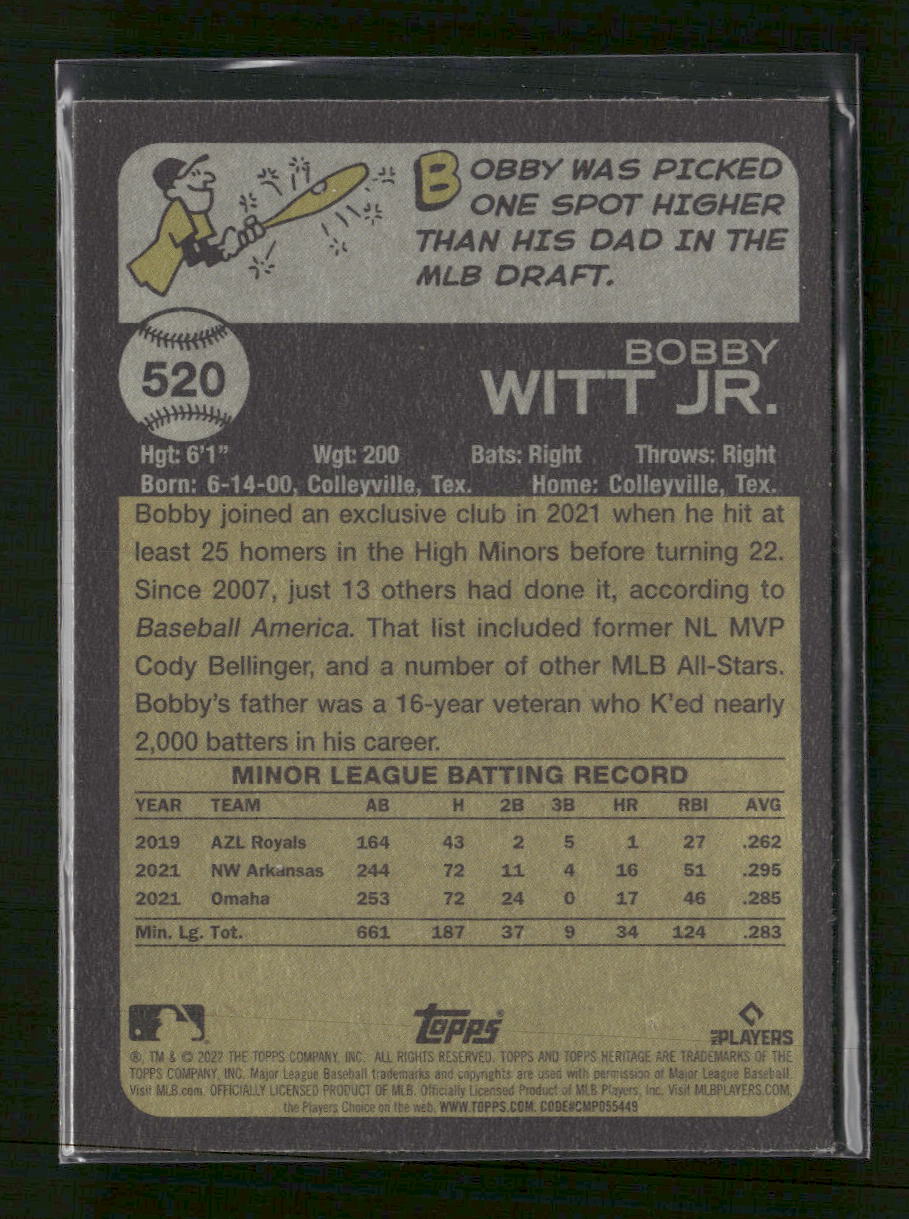 2022 Topps Heritage Chrome Blue Sparkle Bobby Witt Jr. #520