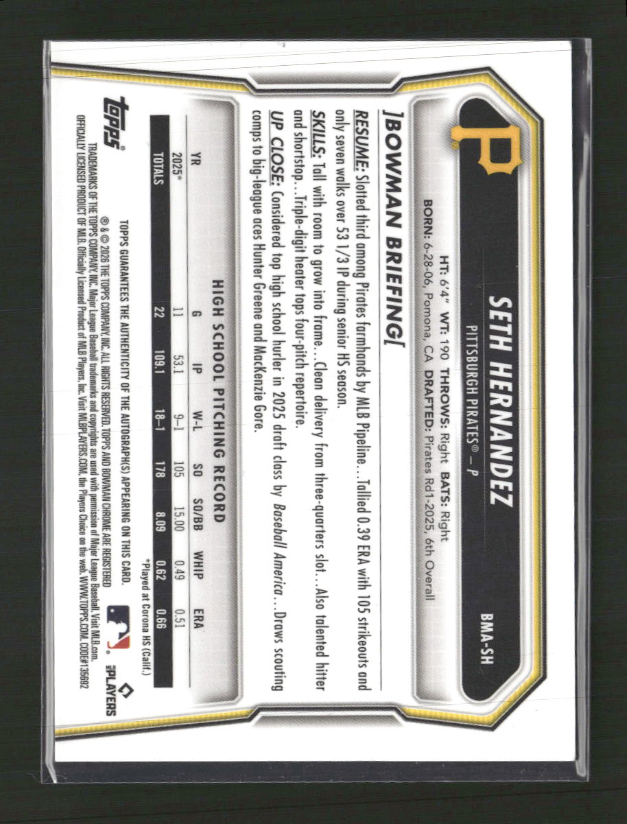 2026 Bowman Chrome Mojo Refractors Seth Hernandez Auto #BMA-SH
