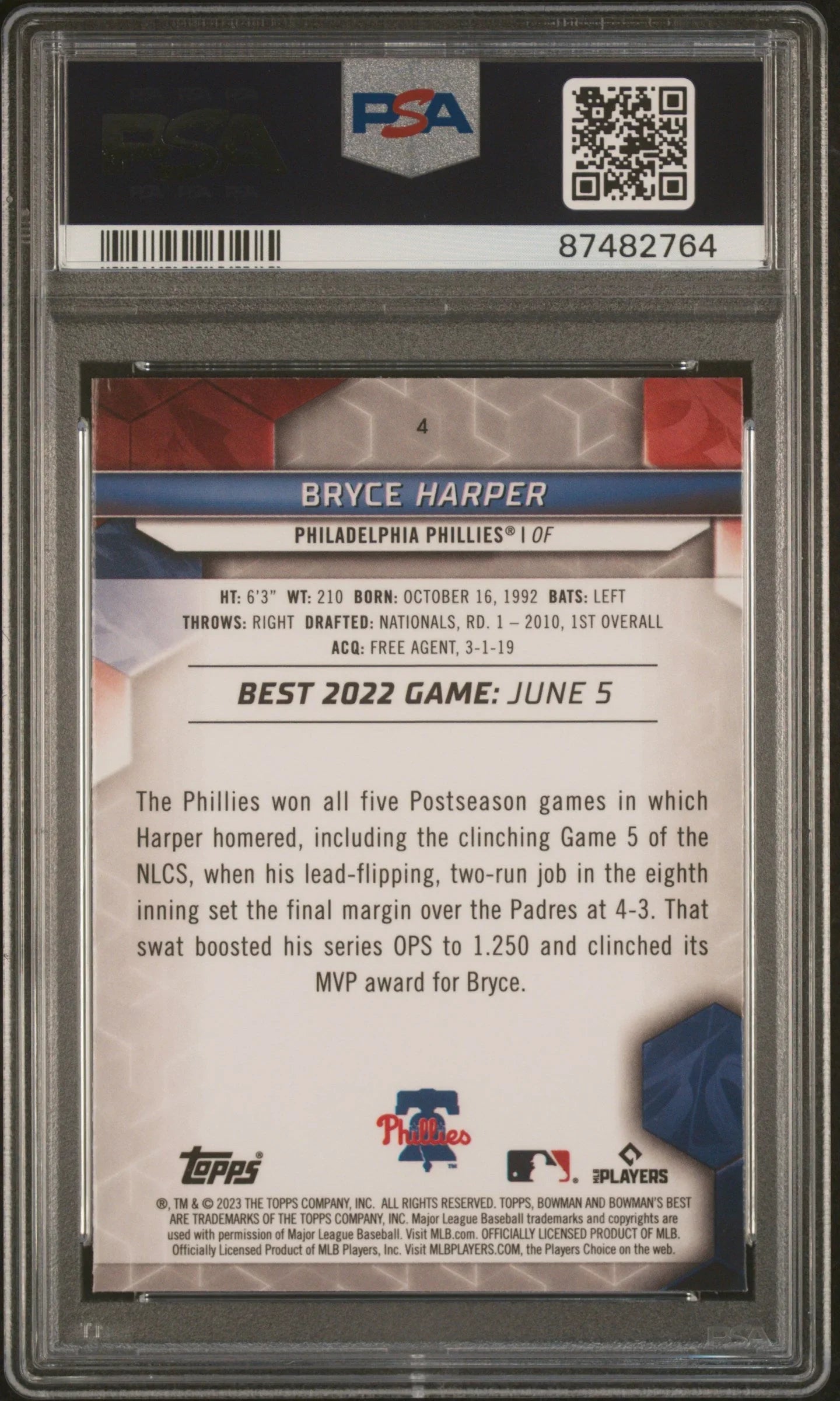 Graded 2023 Topps Bowmans Best Bryce Harper #4 Baseball Card PSA 10 Gem Mint