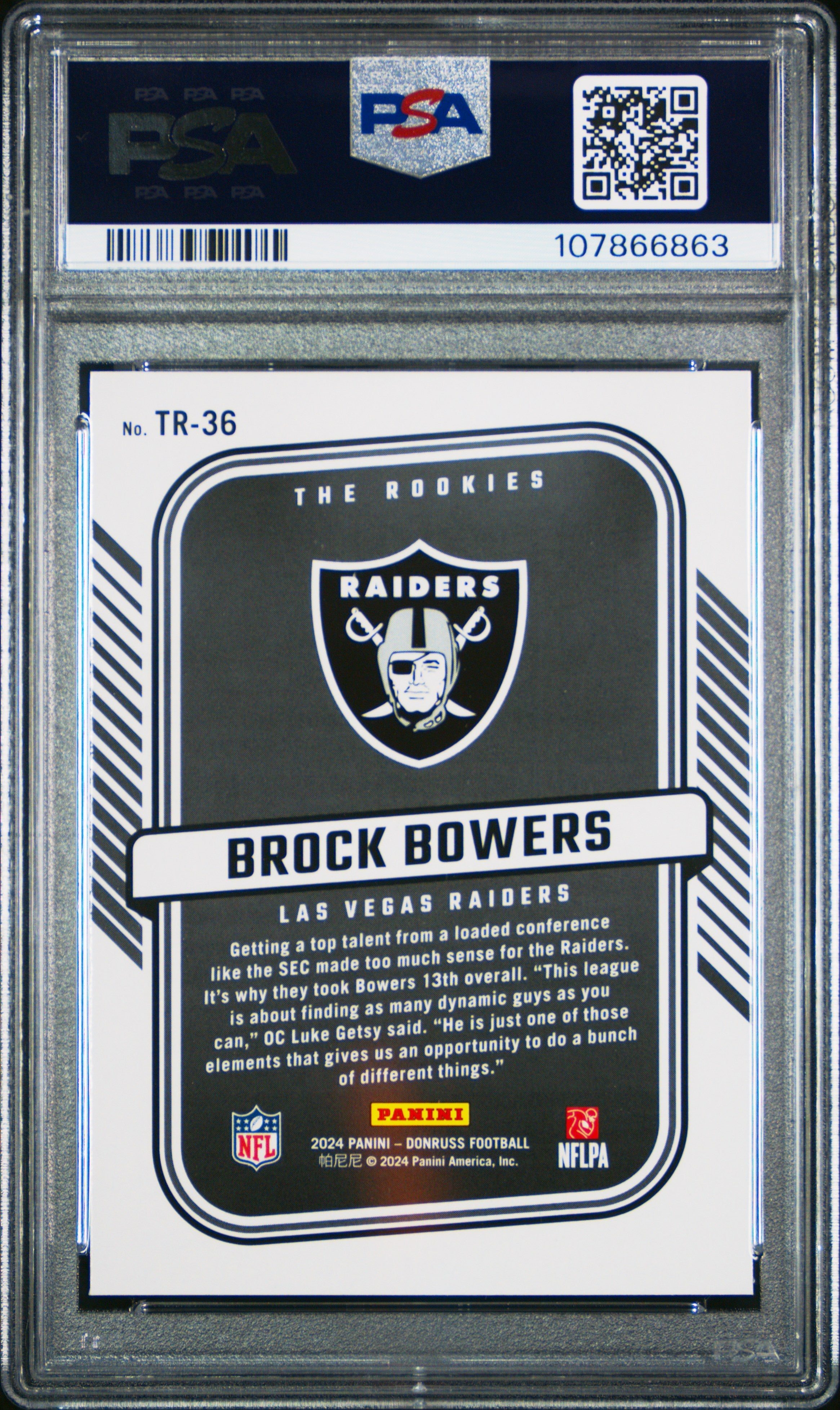 Graded 2024 Panini Donruss Brock Bowers #TR36 The Rookies Rookie RC Football Card PSA 10 Gem Mint