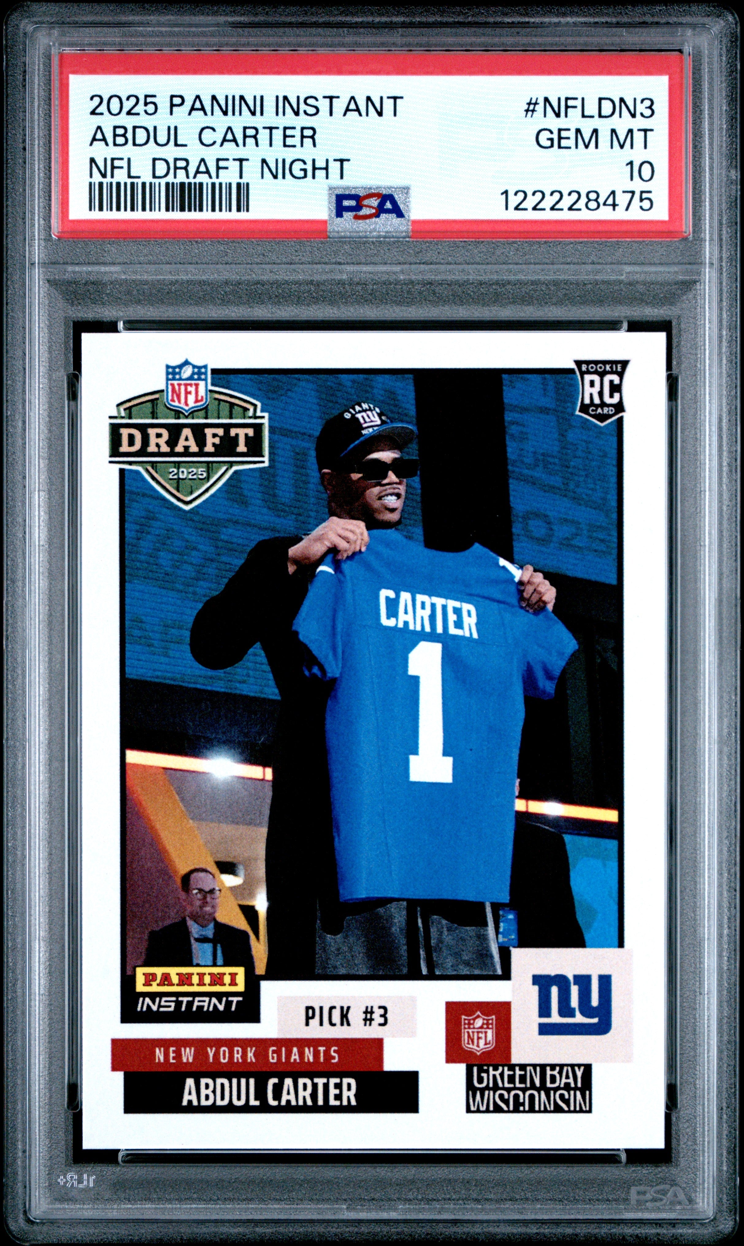 Graded 2025 Panini Instant Abdul Carter #NFLDN3 NFL Draft Night Rookie RC Football Card PSA 10 Gem Mint