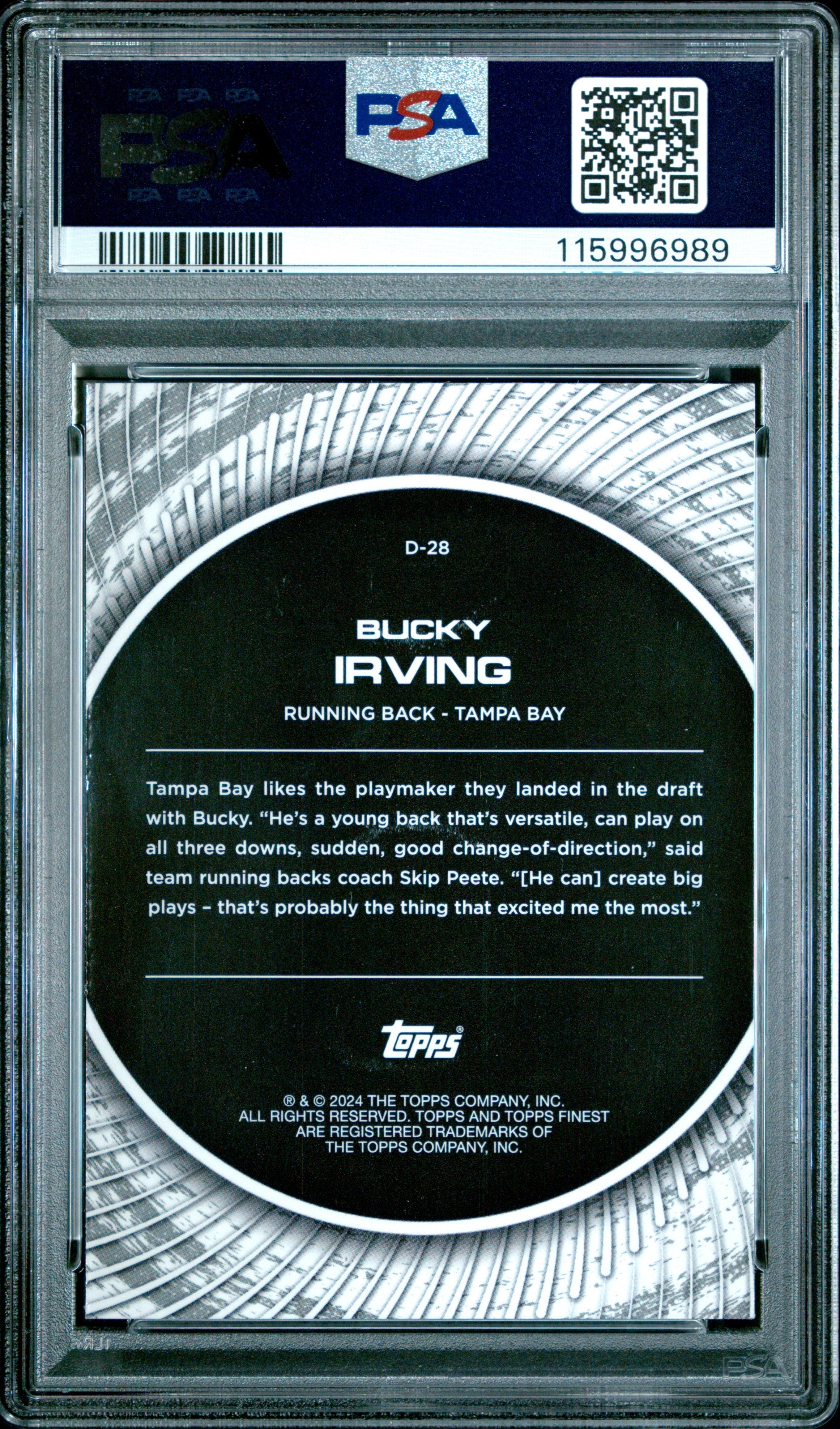Graded 2024 Topps Finest Bucky Irving #D28 Debut Purple Refractor /125 Rookie RC Football Card PSA 10 Gem Mint