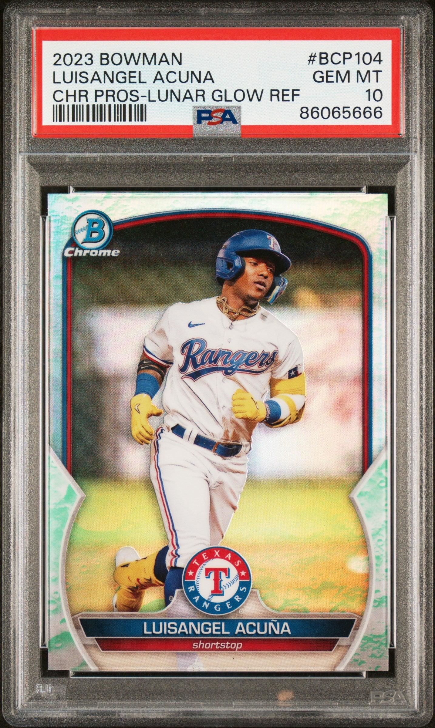 Graded 2023 Topps Bowman Luisangel Acuna #BCP104 Chrome Prospects Lunar Glow Refractor Rookie RC Baseball Card PSA 10 Gem Mint