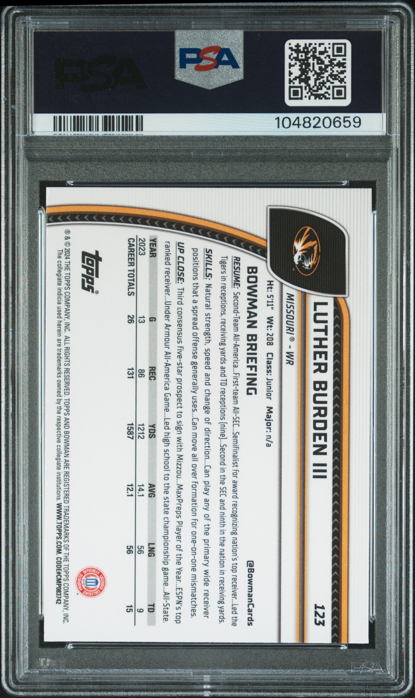 Graded 2024 Topps Bowman U Sapphire Luther Burden III #123 Rookie RC Football Card PSA 10 Gem Mint