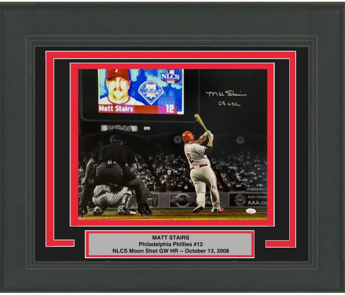 Framed Autographed/Signed Matt Stairs 08 WSC Moon Shot Philadelphia Phillies 16x20 Baseball Photo JSA COA