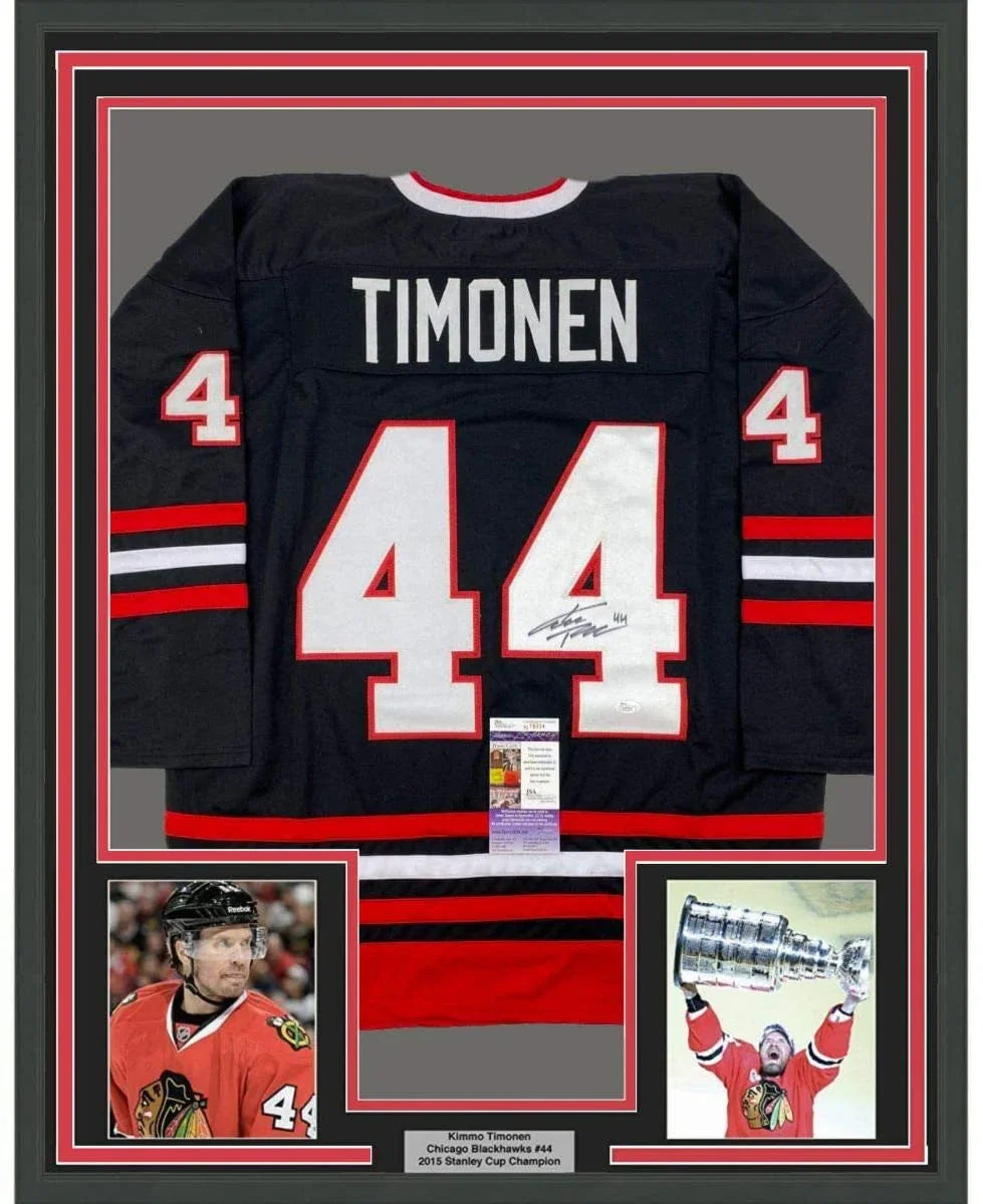 Framed Autographed/Signed Kimmo Timonen 35x39 Chicago Black Hockey Jersey JSA COA