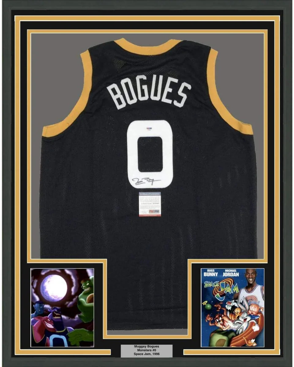 Framed Autographed/Signed Muggsy Bogues 35x39 Space Jam Monstars Black Basketball Jersey PSA/DNA COA