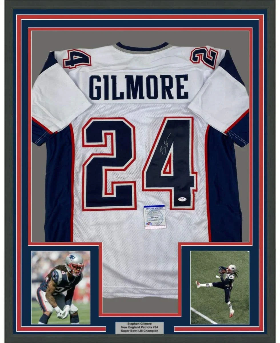Framed Autographed/Signed Stephon Gilmore 35x39 New England White Football Jersey PSA/DNA COA