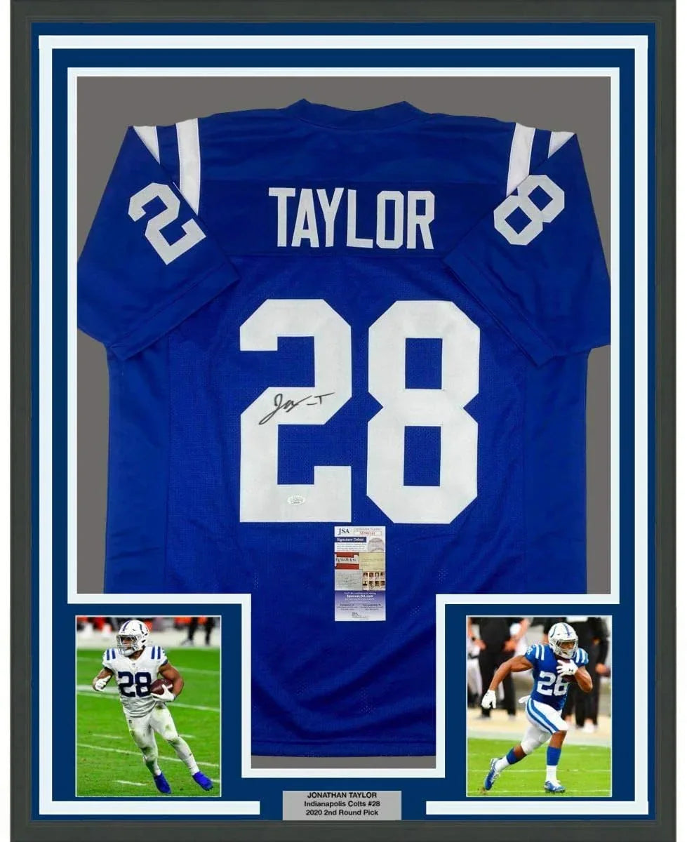 Framed Autographed/Signed Jonathan Taylor 35x39 Indianapolis Blue Football Jersey JSA COA