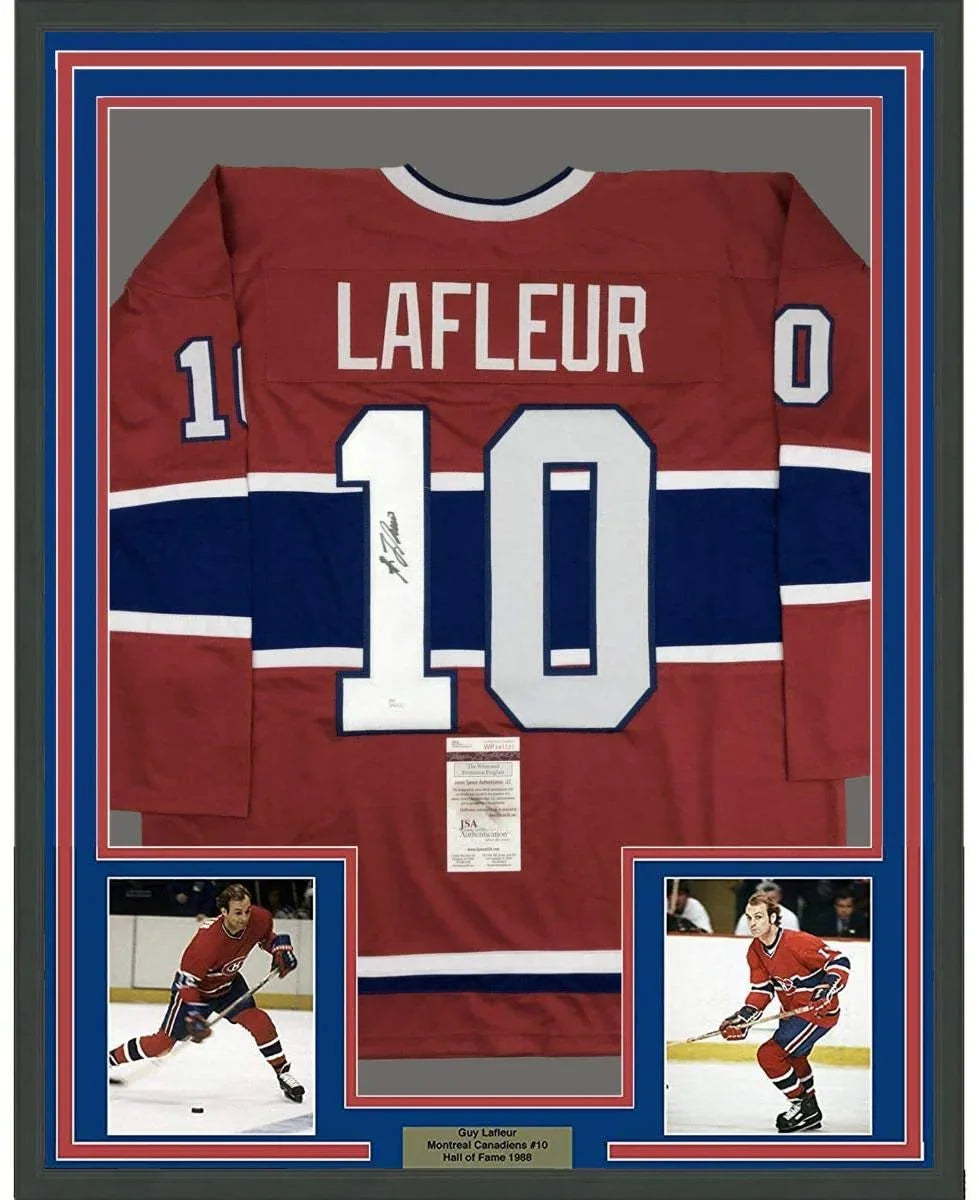 Framed Autographed/Signed Guy LaFleur 35x39 Montreal Red Hockey Jersey JSA COA