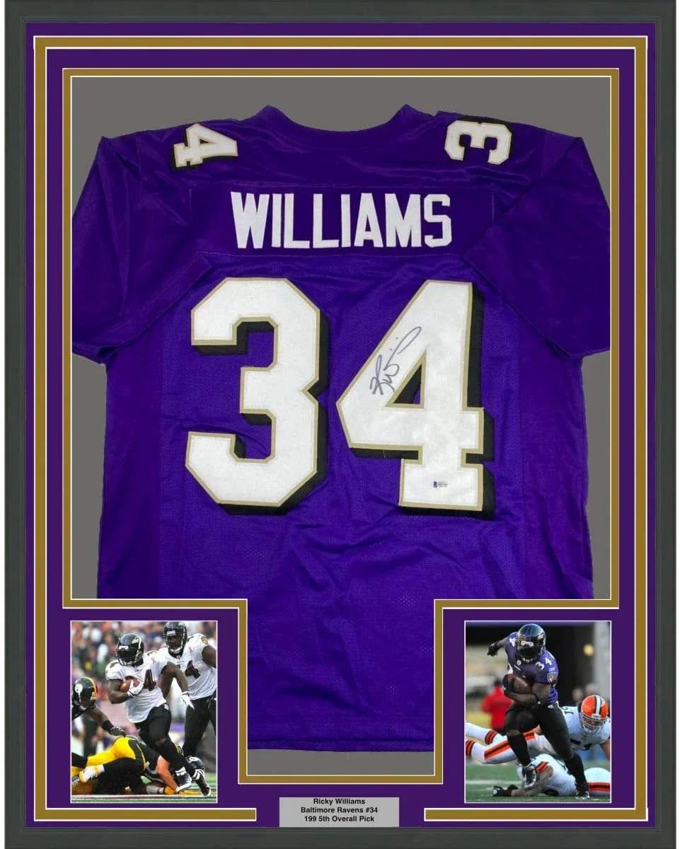 Framed Autographed/Signed Ricky Williams 35x39 Baltimore Purple Football Jersey Beckett BAS COA