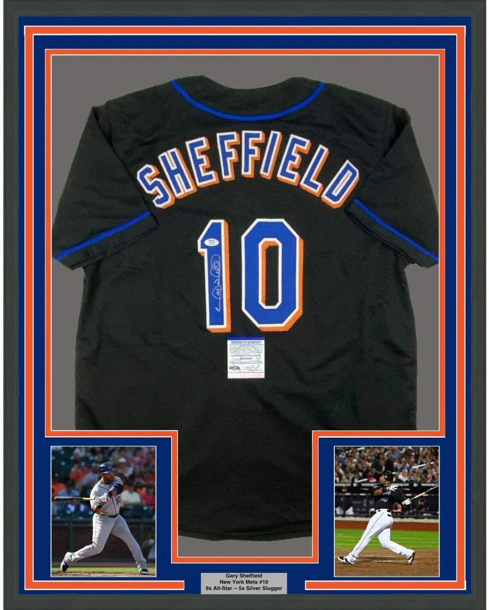 Framed Autographed/Signed Gary Sheffield 35x39 New York Black Baseball Jersey PSA/DNA COA