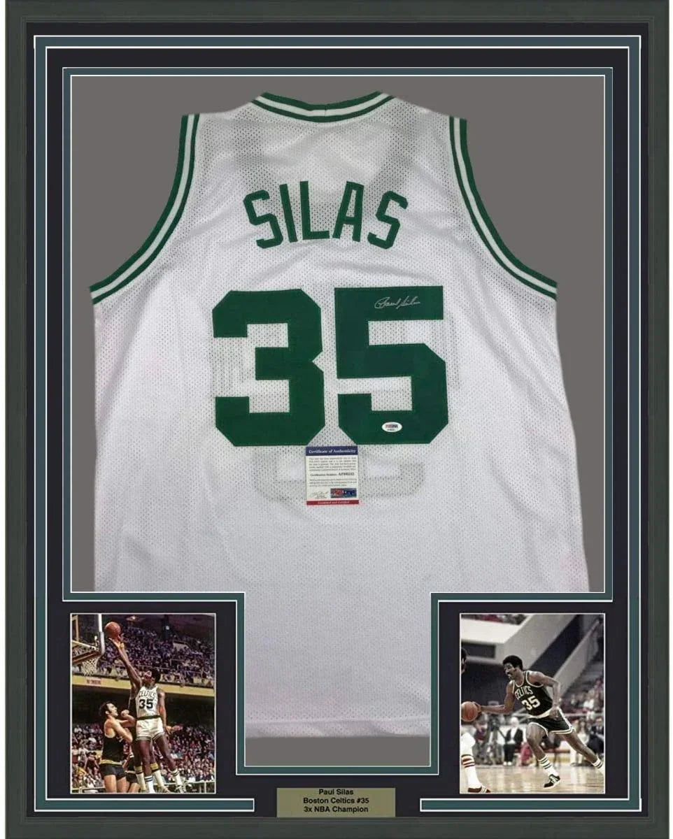 Framed Autographed/Signed Paul Silas 35x39 Boston White Basketball Jersey PSA/DNA COA