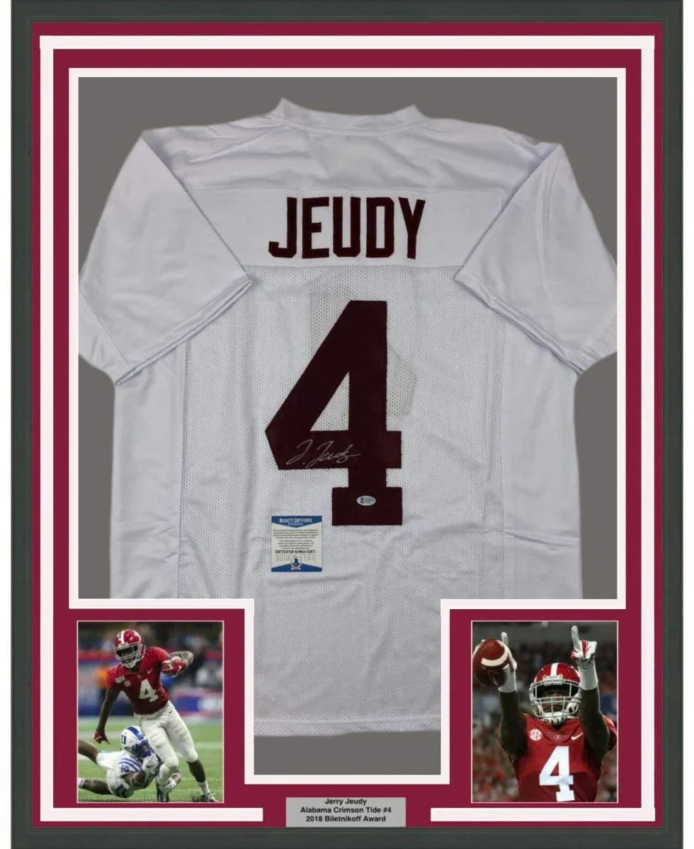 Framed Autographed/Signed Jerry Jeudy 35x39 Alabama White College Football Jersey Beckett BAS COA