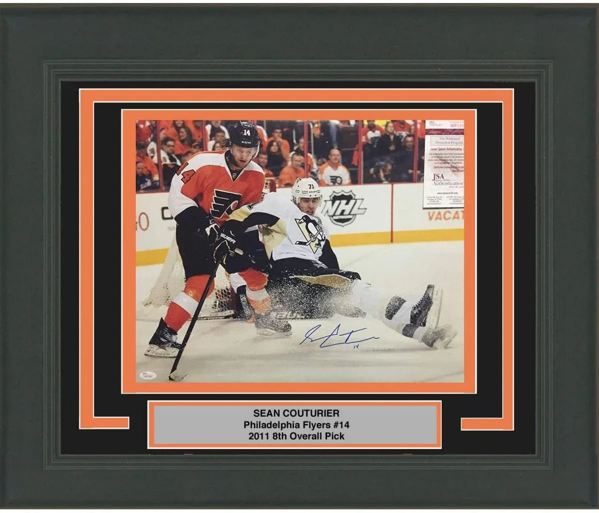 Framed Autographed/Signed Sean Couturier vs. Evgeni Malkin 16x20 Philadelphia Flyers Hockey Photo JSA COA