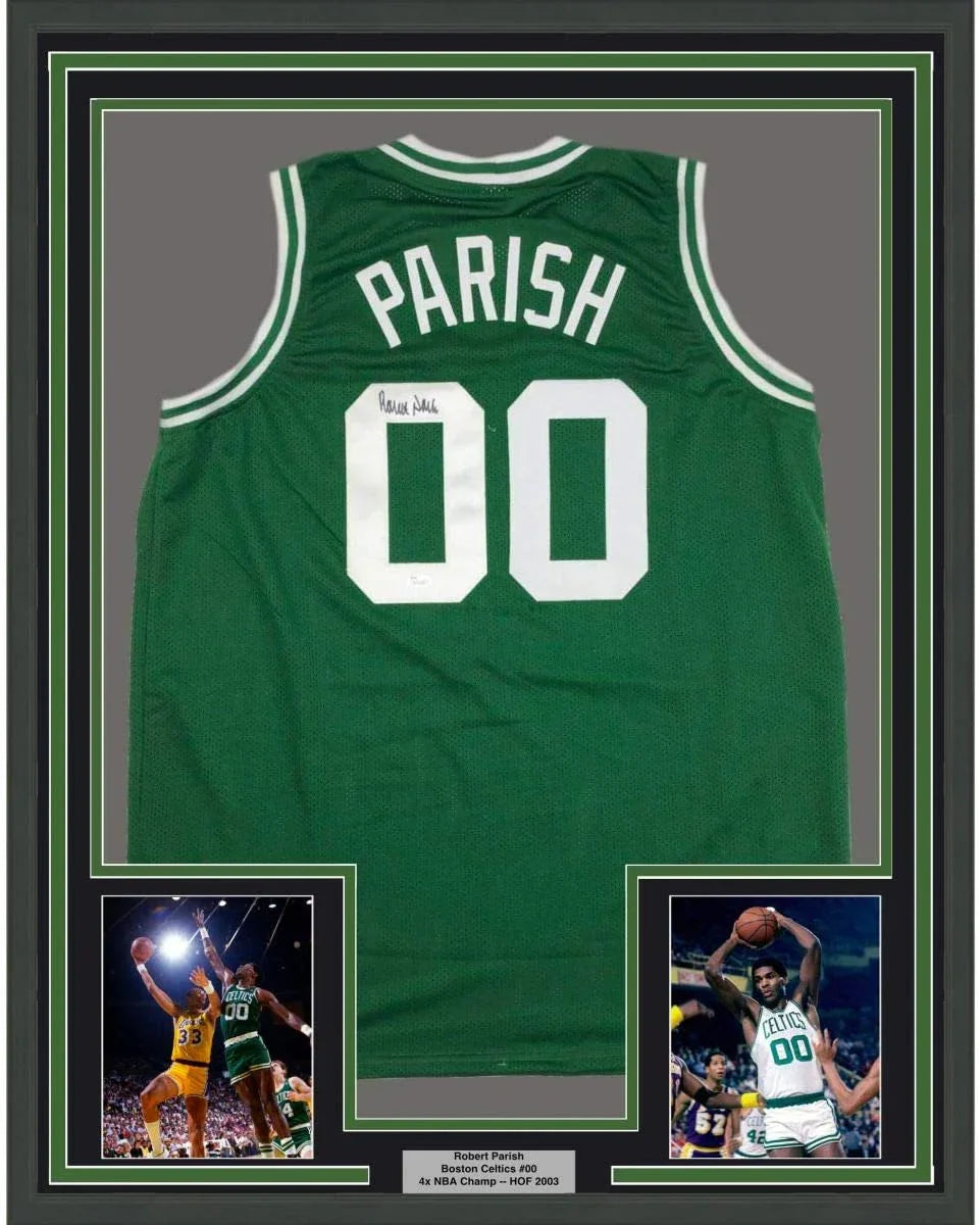 Framed Autographed/Signed Robert Parish 35x39 Boston Green Basketball Jersey JSA COA Holo Only