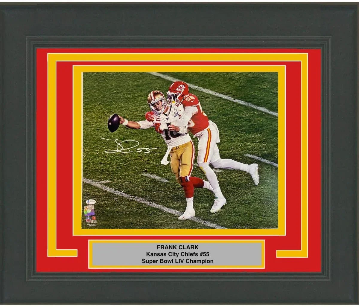 Framed Autographed/Signed Frank Clark Super Bowl LIV Sack Kansas City Chiefs 16x20 Football Photo Beckett BAS COA