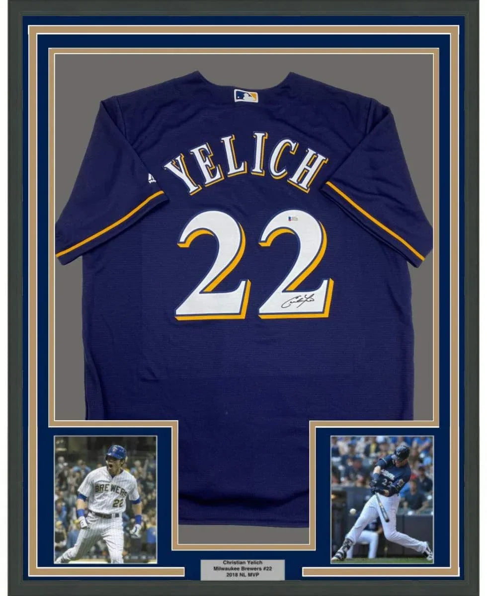 Framed Autographed/Signed Christian Yelich 35x39 Milwaukee Blue Baseball Jersey Beckett BAS COA