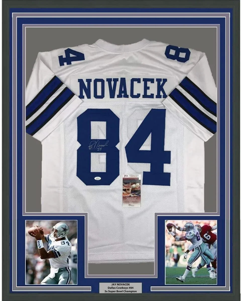 Framed Autographed/Signed Jay Novacek 35x39 Dallas White Football Jersey JSA COA