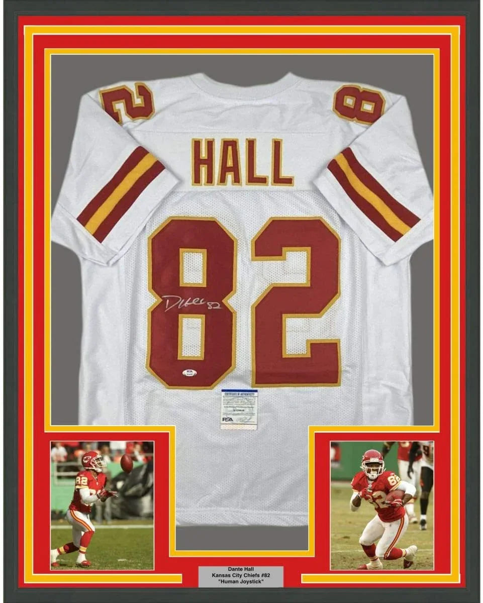 Framed Autographed/Signed Dante Hall 35x39 Kansas City White Football Jersey PSA/DNA COA