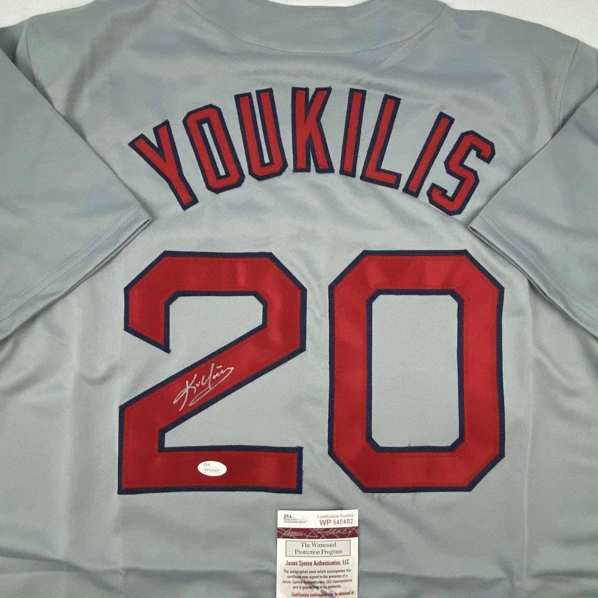 Autographed/Signed Kevin Youkilis Boston Grey Baseball Jersey JSA COA