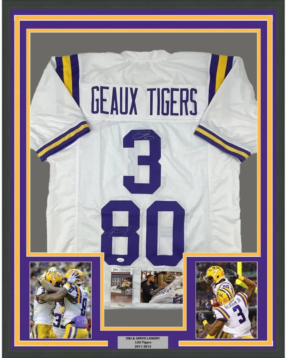 Framed Autographed/Signed Odell Beckham Jr. & Jarvis Landry 35x39 LSU White College Football Jersey JSA COA