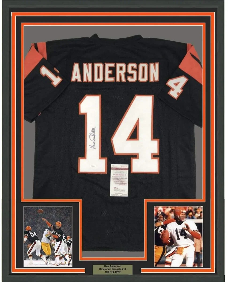 Framed Autographed/Signed Ken Anderson 35x39 Cincinnati Black Football Jersey JSA COA