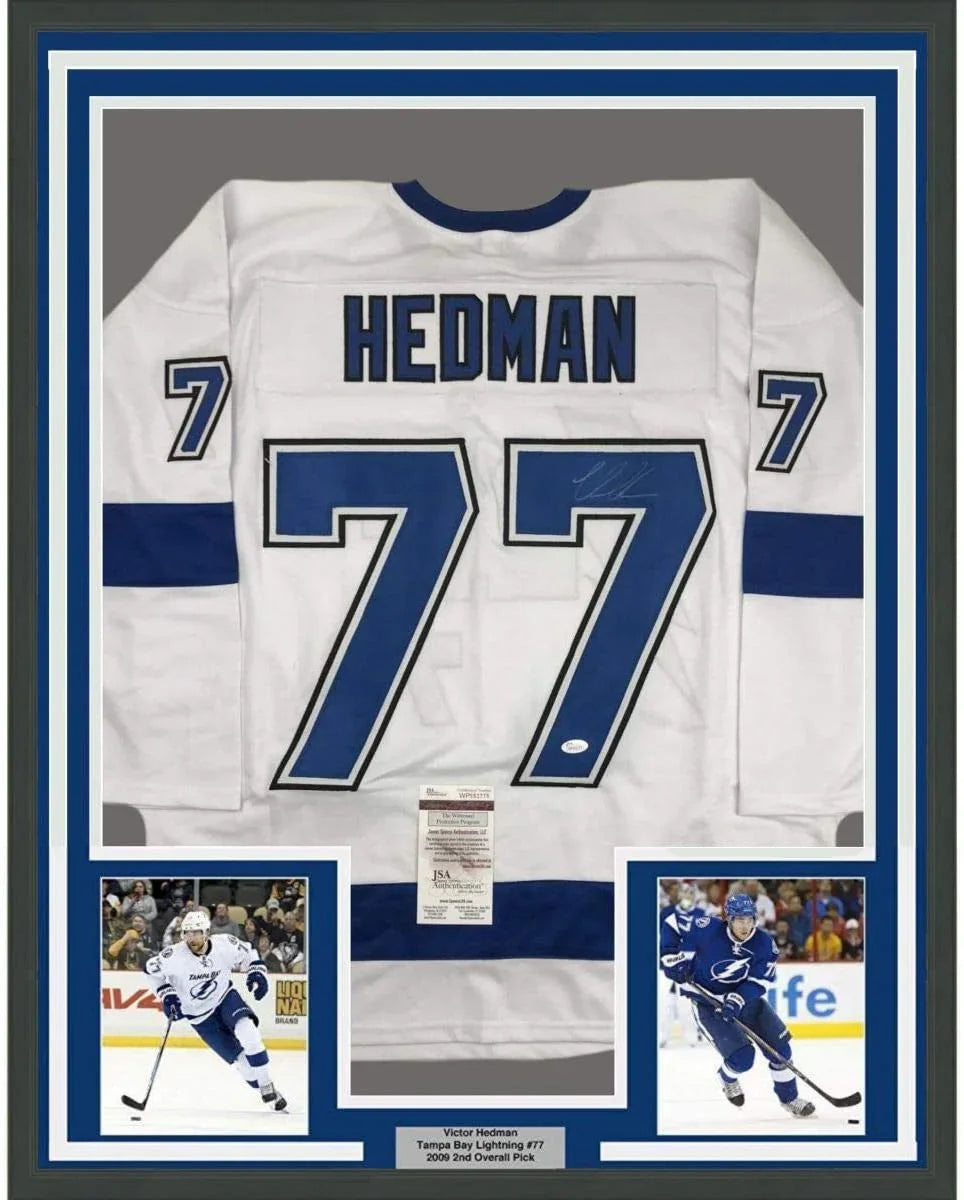 Framed Autographed/Signed Victor Hedman 35x39 Tampa Bay White Hockey Jersey JSA COA